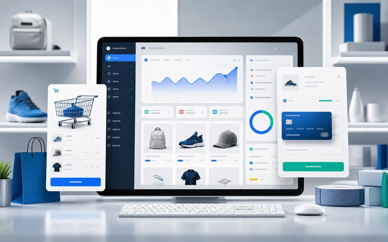 Ecommerce dashboard and checkout interface visual