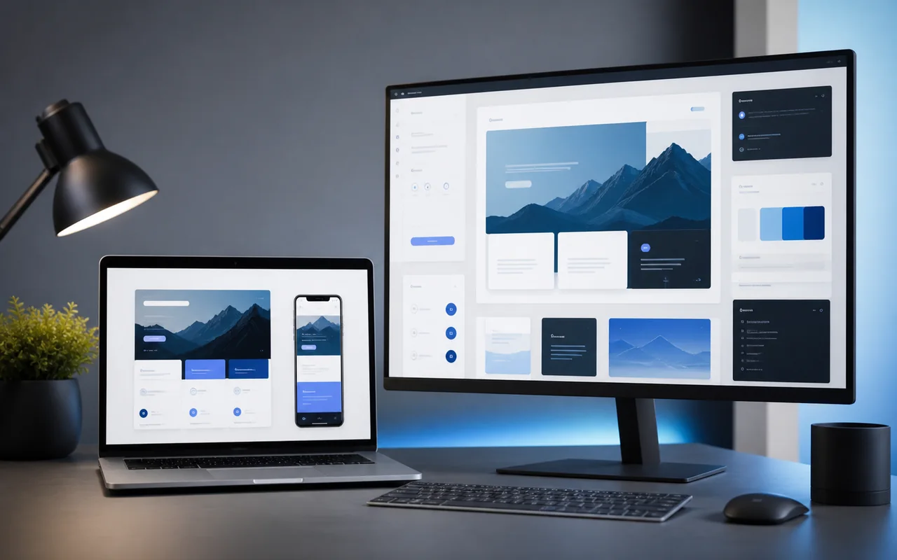 Premium workspace with website interface visuals